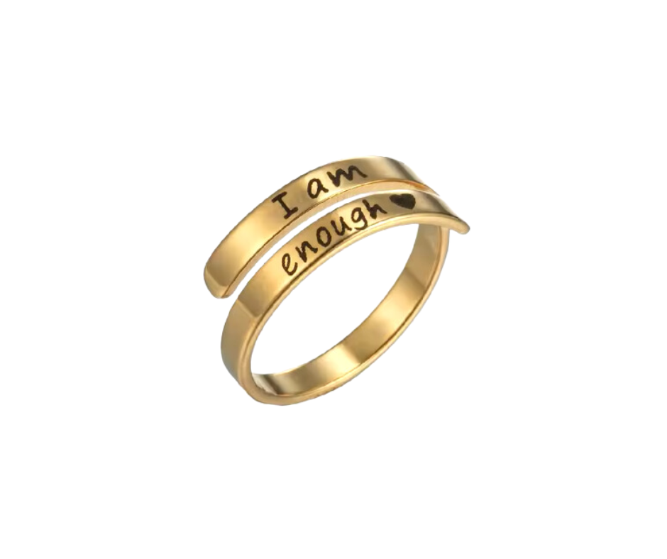 Adjustable engraved "I Am Enough" ring in gold or silver, a daily reminder of self-worth, positivity, and inner strength for any journey.