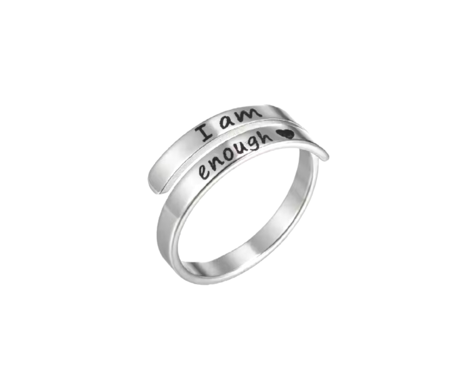 Adjustable engraved "I Am Enough" ring in gold or silver, a daily reminder of self-worth, positivity, and inner strength for any journey.