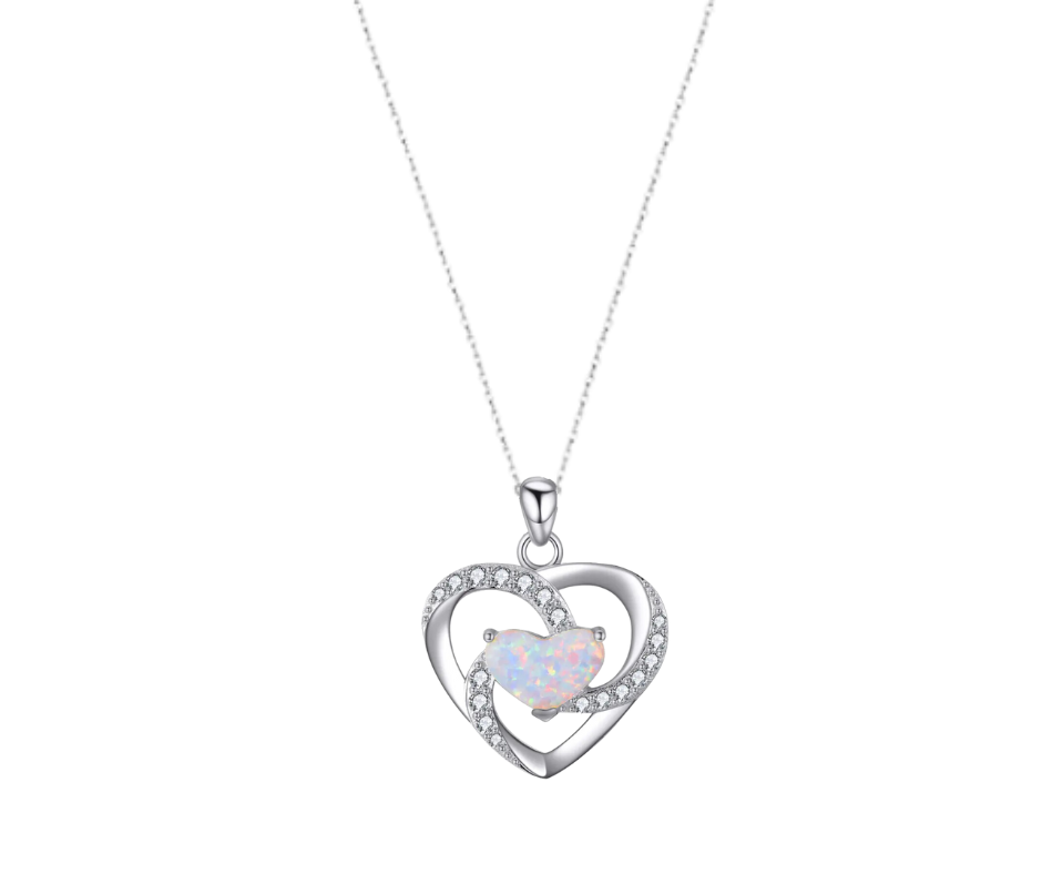 Silver open-heart pendant necklace with cubic zirconia and an opal center, symbolizing inner beauty and the light within.