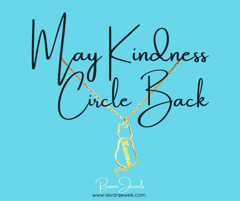 Gold cat-shaped pendant necklace with "Karma" engraved vertically, symbolizing positivity, balance, and feline grace.