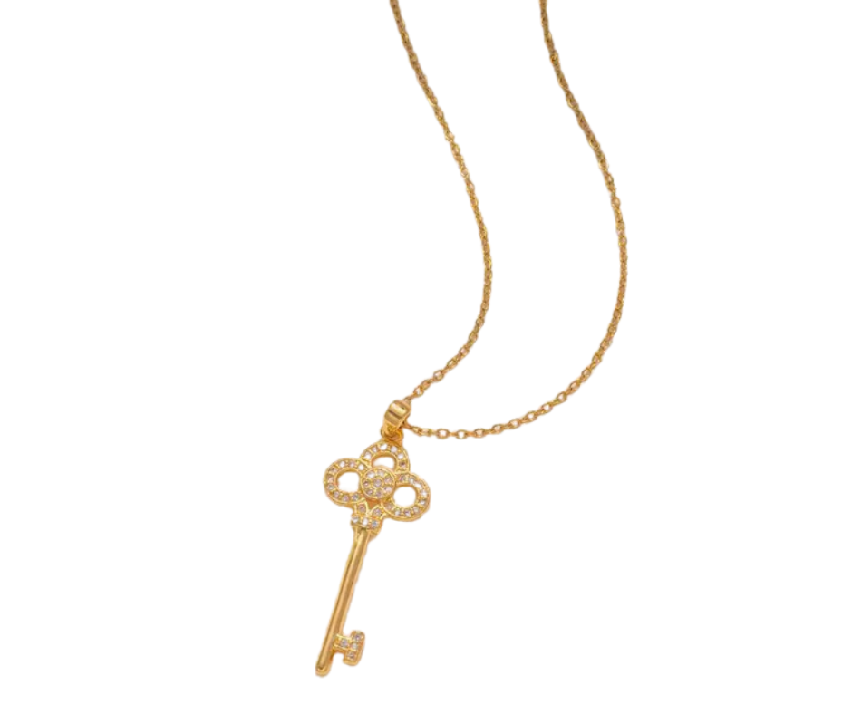 Elegant skeleton key pendant with cubic zirconia accents, symbolizing self-expression and the power to unlock lifeās beauty.