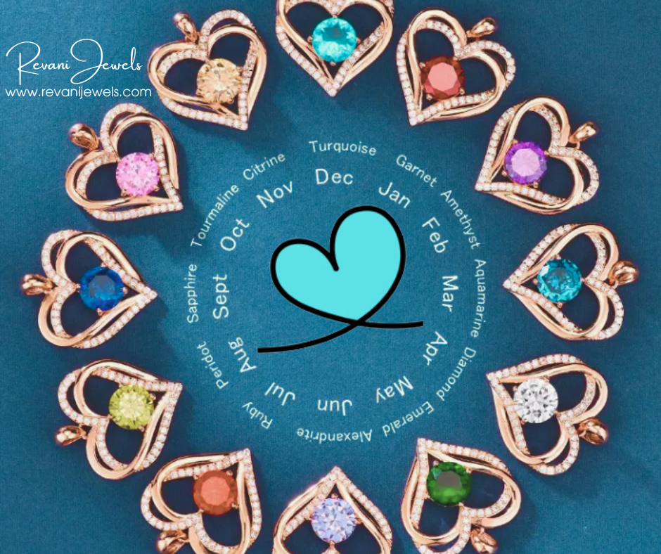 Heart-shaped jewelry with colored gemstones on a blue background with month names.