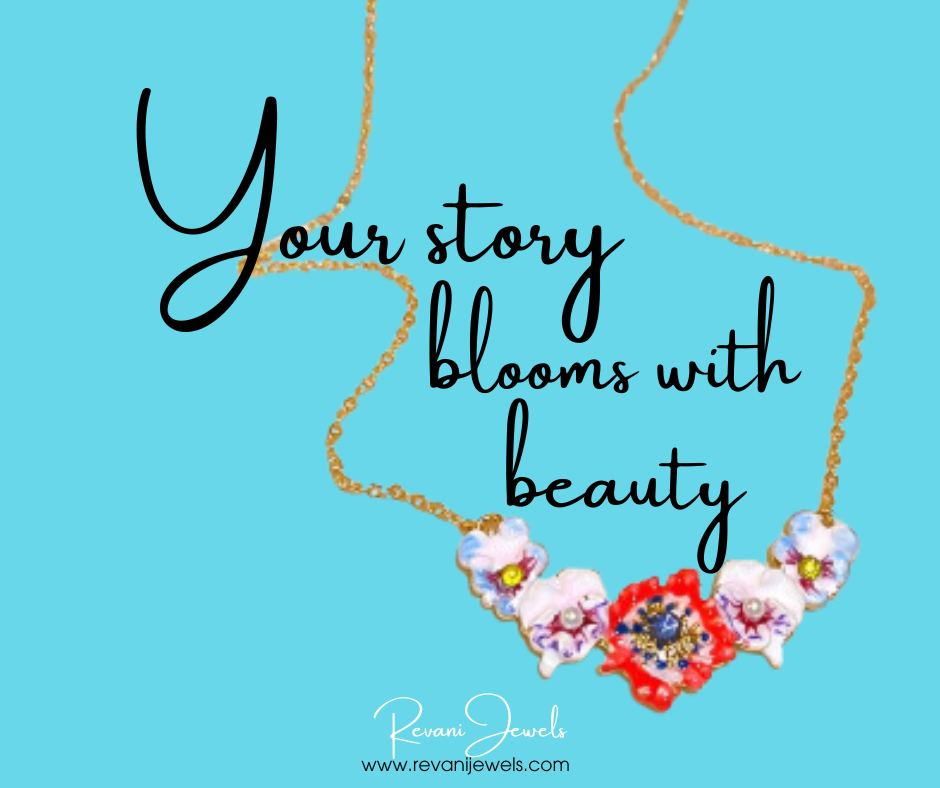 Floral jewelry set with vibrant hues, faux pearls, and CZ accents. Gold-plated vintage charm inspired by poppies and lyrical prose.