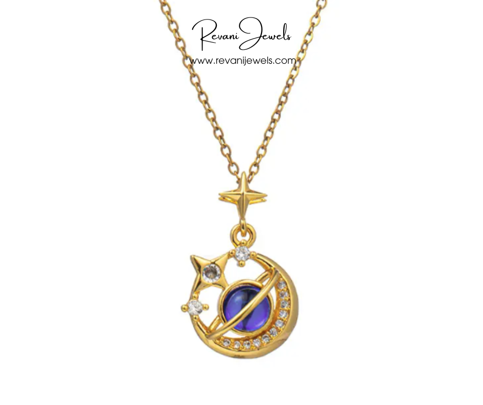 Gold necklace with a purple pendant and gemstones on a white background, branded 'Revani Jewels'.