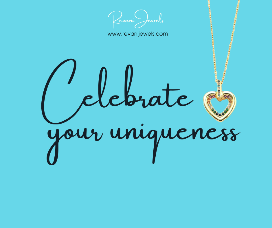 Gold necklace with a heart-shaped pendant on a blue background with 'Celebrate your uniqueness' text and Revani Jewels branding.