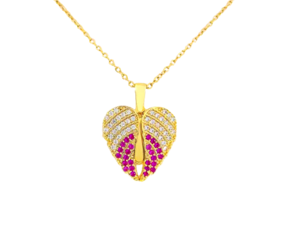 Gold angel wing pendant with CZ accents concealing an engraved "I Am Enough" heart, symbolizing protection, self-love, and empowerment.