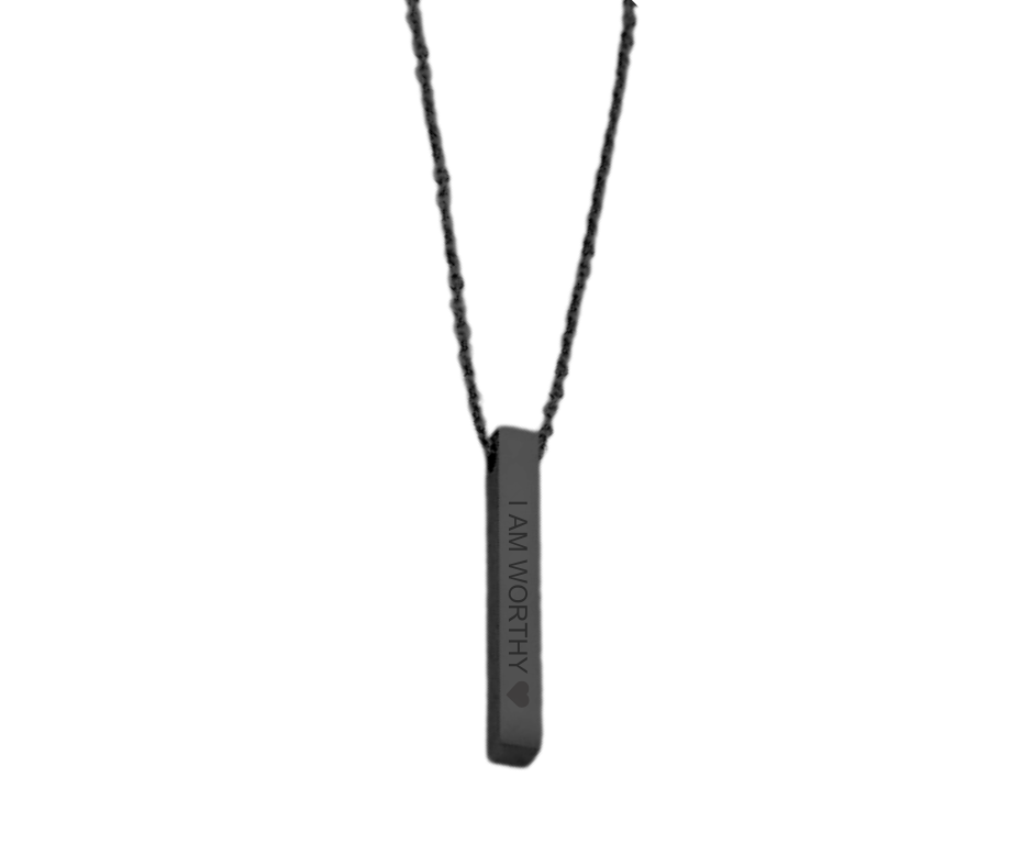 Sleek bar pendant necklace engraved with affirmations and a heart, symbolizing strength, value, and self-love. 5 colors available: Gold, Silver, Rose Gold, Iridescent, Black.