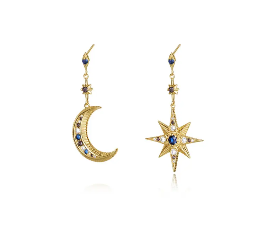Celestial earrings featuring a crescent moon and an 8-pointed star, adorned with cubic zirconia, offering cosmic elegance in silver or gold.