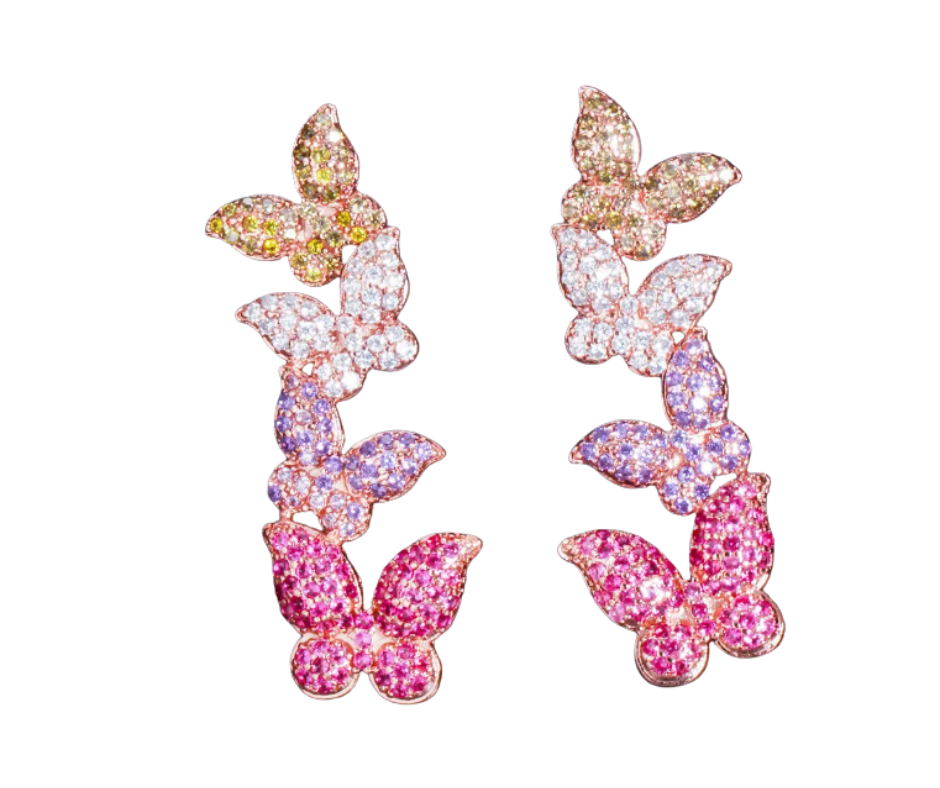 Rose gold earrings with cascading butterflies in pink and purple hues, sparkling with cubic zirconia. A whimsical statement of beauty.
