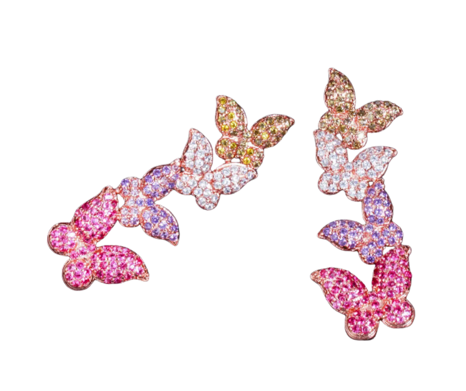 Rose gold earrings with cascading butterflies in pink and purple hues, sparkling with cubic zirconia. A whimsical statement of beauty.