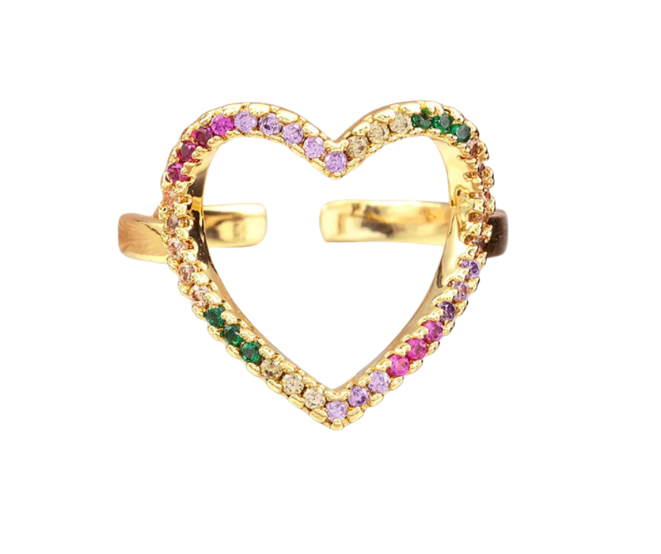 Gold-plated adjustable heart ring with rainbow cubic zirconia, celebrating individuality, positivity, and self-expression with vibrant charm.