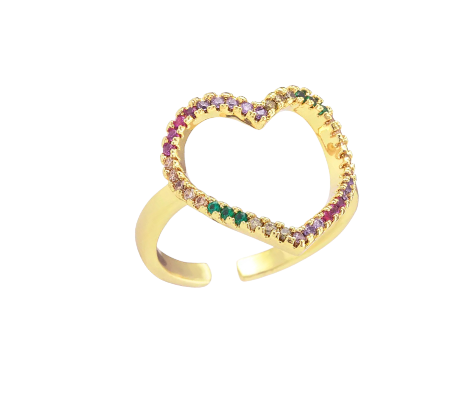 Gold-plated adjustable heart ring with rainbow cubic zirconia, celebrating individuality, positivity, and self-expression with vibrant charm.