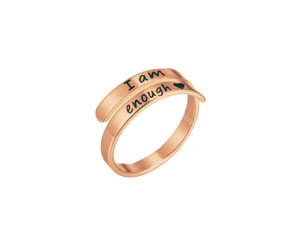 Adjustable engraved "I Am Enough" ring in gold or silver, a daily reminder of self-worth, positivity, and inner strength for any journey.