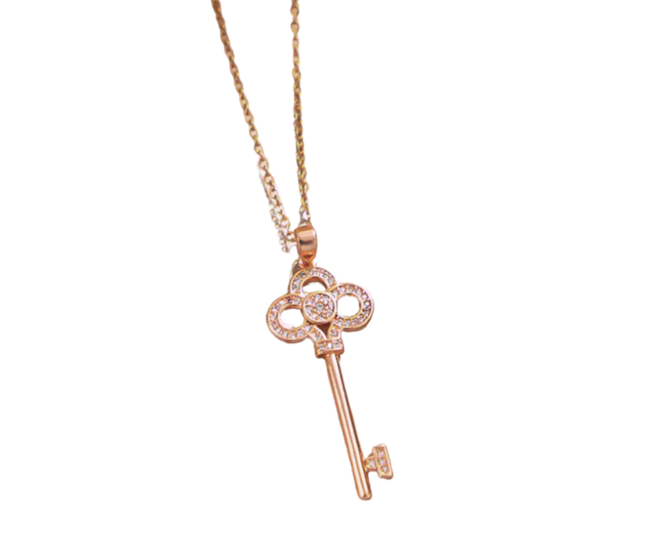 Elegant skeleton key pendant with cubic zirconia accents, symbolizing self-expression and the power to unlock life’s beauty.
