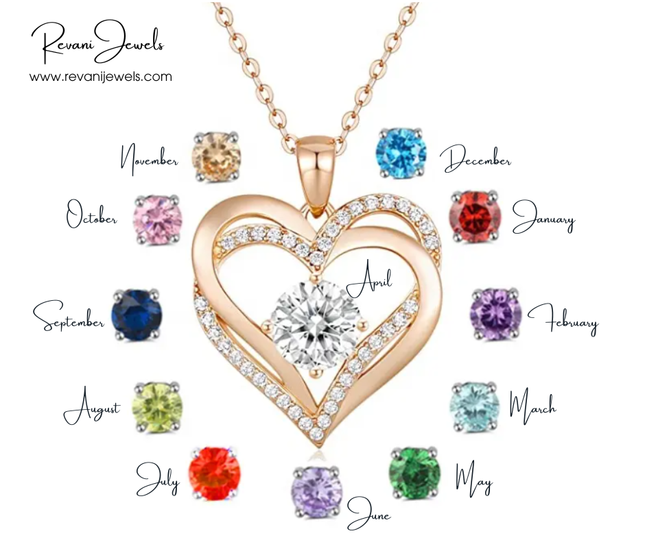 Heart-shaped necklace with birthstones for each month, branded as Revani Jewels.