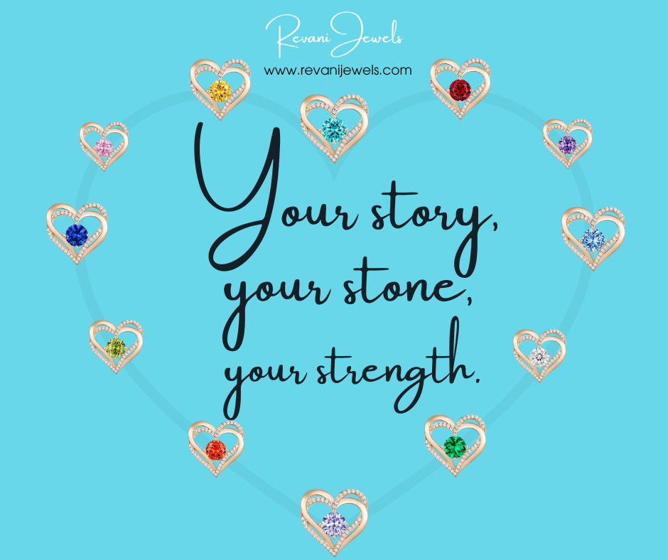 Heart-shaped gemstone earrings on a blue background with text 'Your story, your stone, your strength' and brand name 'Revan Jewels'.