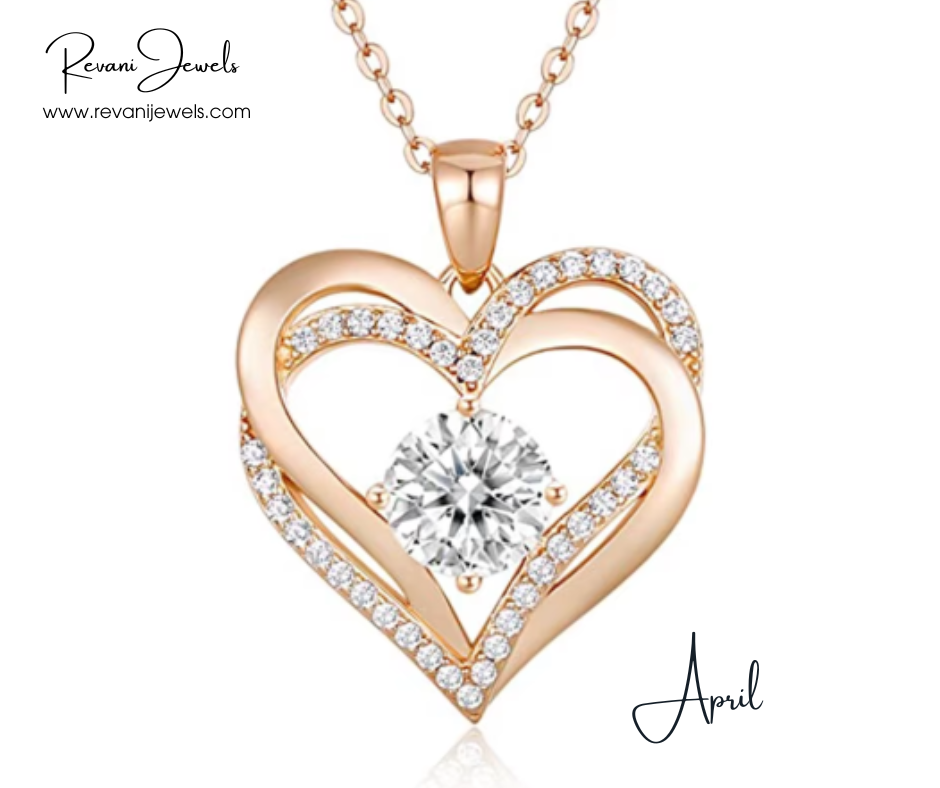 Rose gold heart-shaped pendant with diamond on a white background, branded 'Revani Jewels'.
