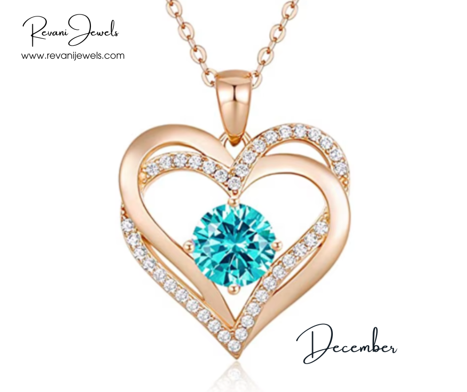 Heart-shaped pendant with a blue gemstone and rose gold frame, branded 'Revani Jewels'.