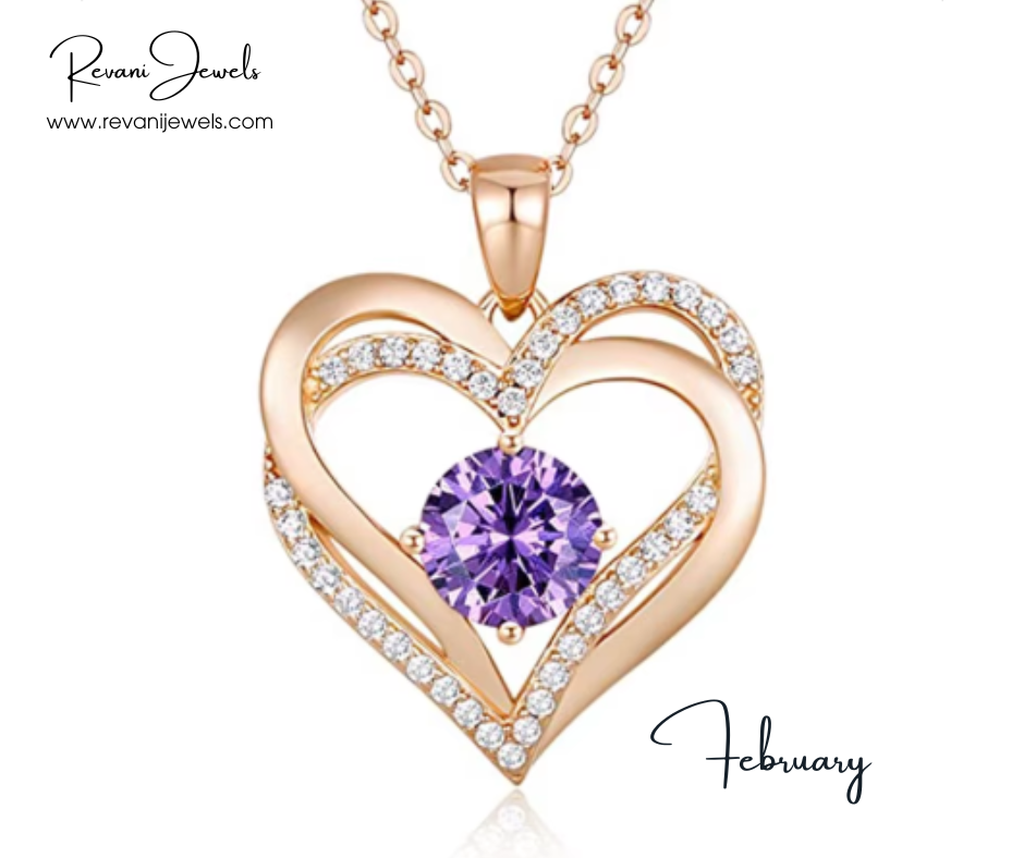 Heart-shaped pendant with purple gemstone and rose gold frame on white background, branded 'Revani Jewels'.