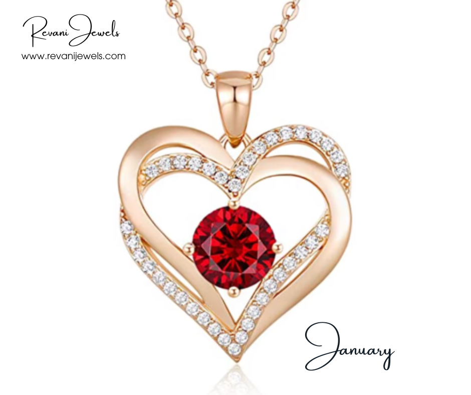 Heart-shaped pendant with a red gemstone and rose gold border, branded 'Revani Jewels'.
