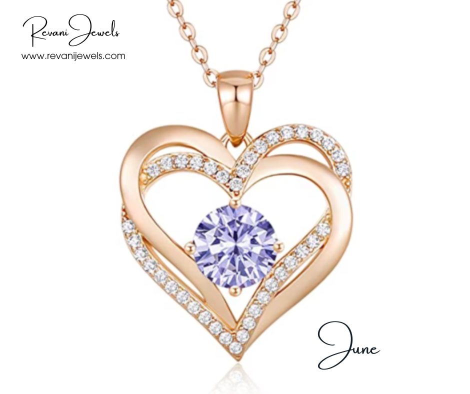 Rose gold heart-shaped pendant with a purple gemstone on a white background, branded 'Revani Jewels'.