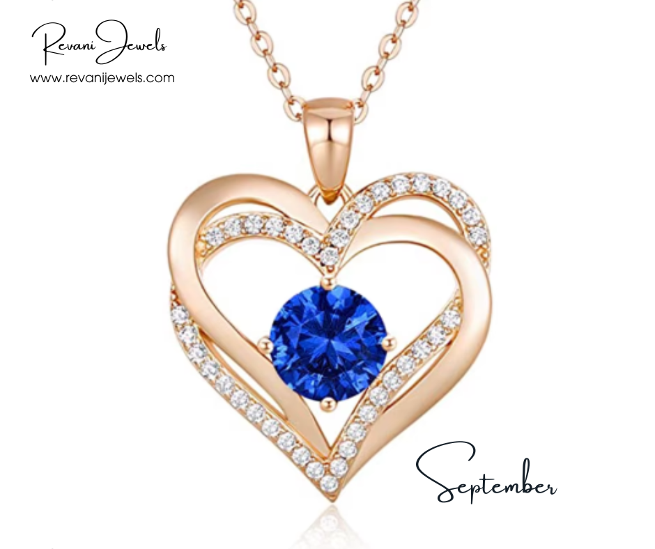 Rose gold heart-shaped pendant with blue gemstone and diamonds, branded 'Revani Jewels'.