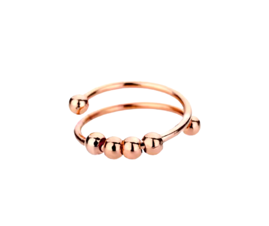 Sleek spinner bead ring in silver, gold, or rose gold. Combines style and calm with smooth spinning beads for focus and relaxation.