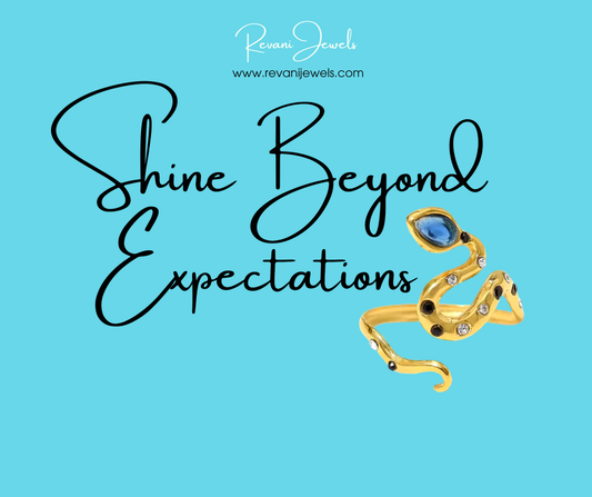 Gold snake-shaped ring with blue gemstone on a blue background with 'Shine Beyond Expectations' text and Revani Jewels branding.