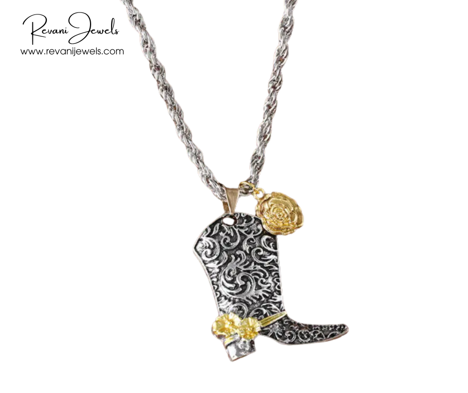 Cowboy boot pendant necklace with decorative elements on a white background