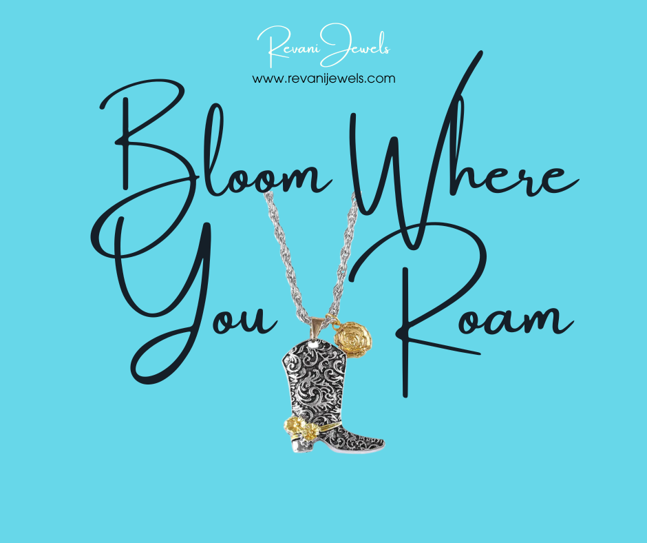 Cowboy boot necklace with 'Bloom Where You Roam' text on a blue background