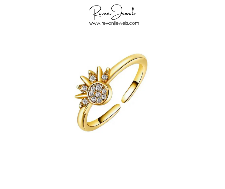 Gold ring with gemstones on a white background, branded as Revani Jewels.