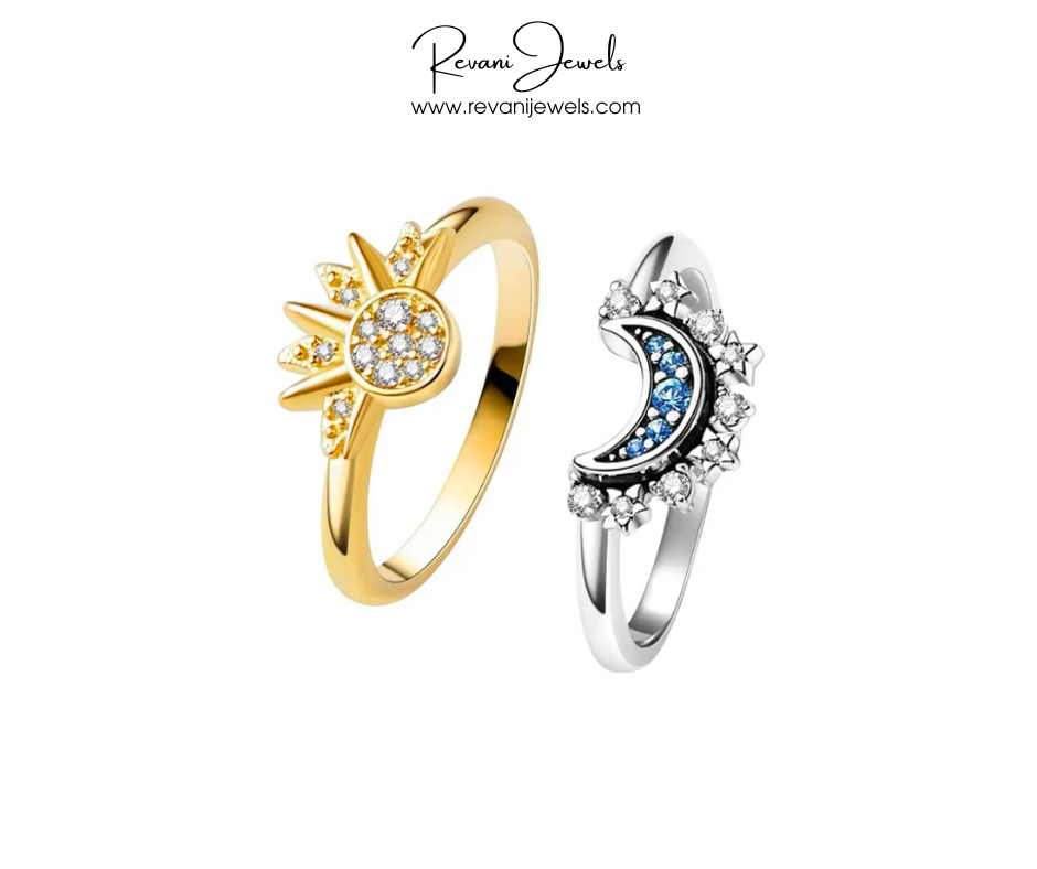 Two rings, one gold and one silver, with gemstone accents on a white background. Revani Jewels logo is visible.