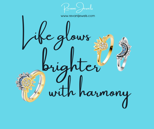 Three rings with moon and star designs on a blue background with text 'Life glows brighter with harmony' and brand name 'Revan Jewels'.