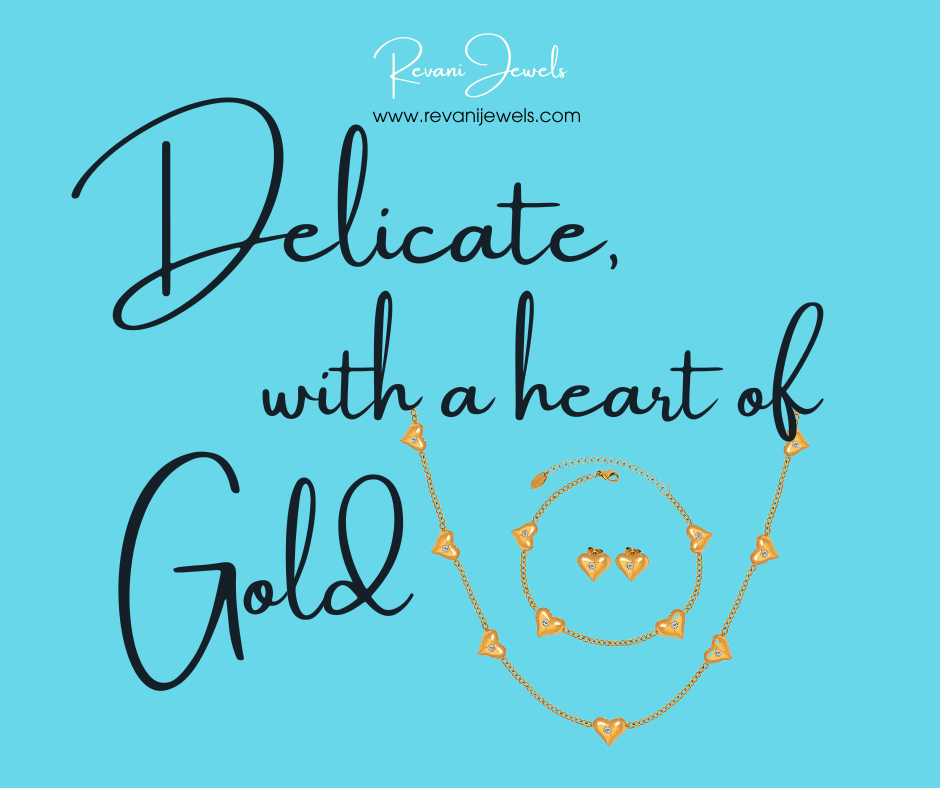Gold jewelry set on a blue background with 'Delicate, with a heart of Gold' text and Revani Jewels branding.