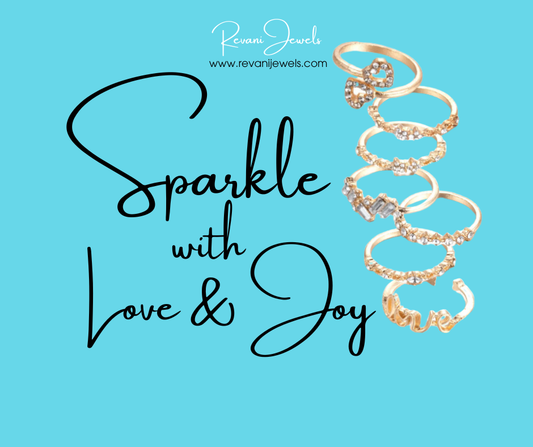 Jewelry set with text 'Sparkle with Love & Joy' and brand name on a blue background