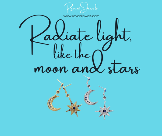 Jewelry advertisement with celestial-themed earrings on a blue background, featuring text 'Radiate light, like the moon and stars' and brand name 'Revani Jewels'.