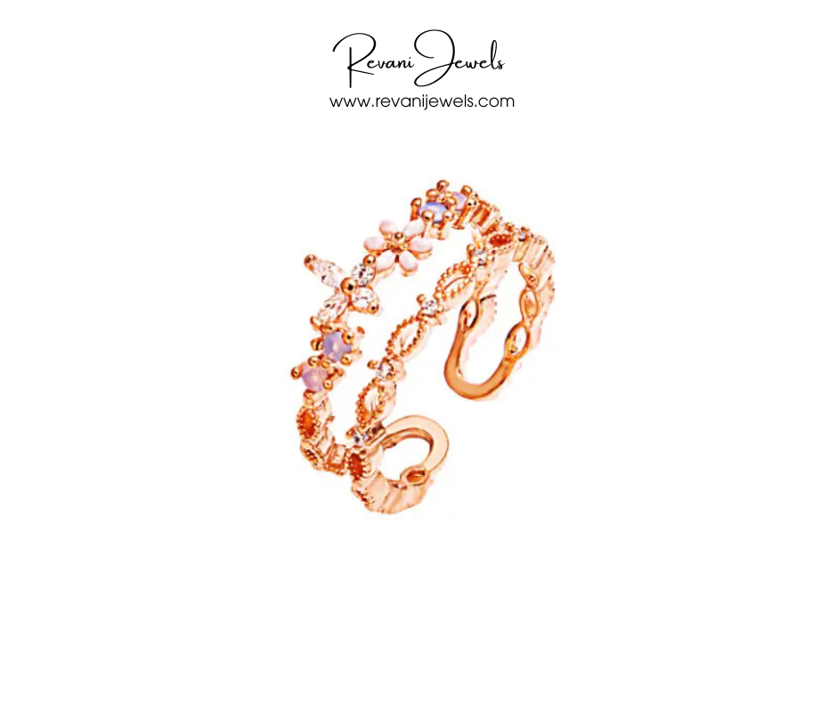 Rose gold ring with colorful stones on a white background, branded as Revani Jewels.