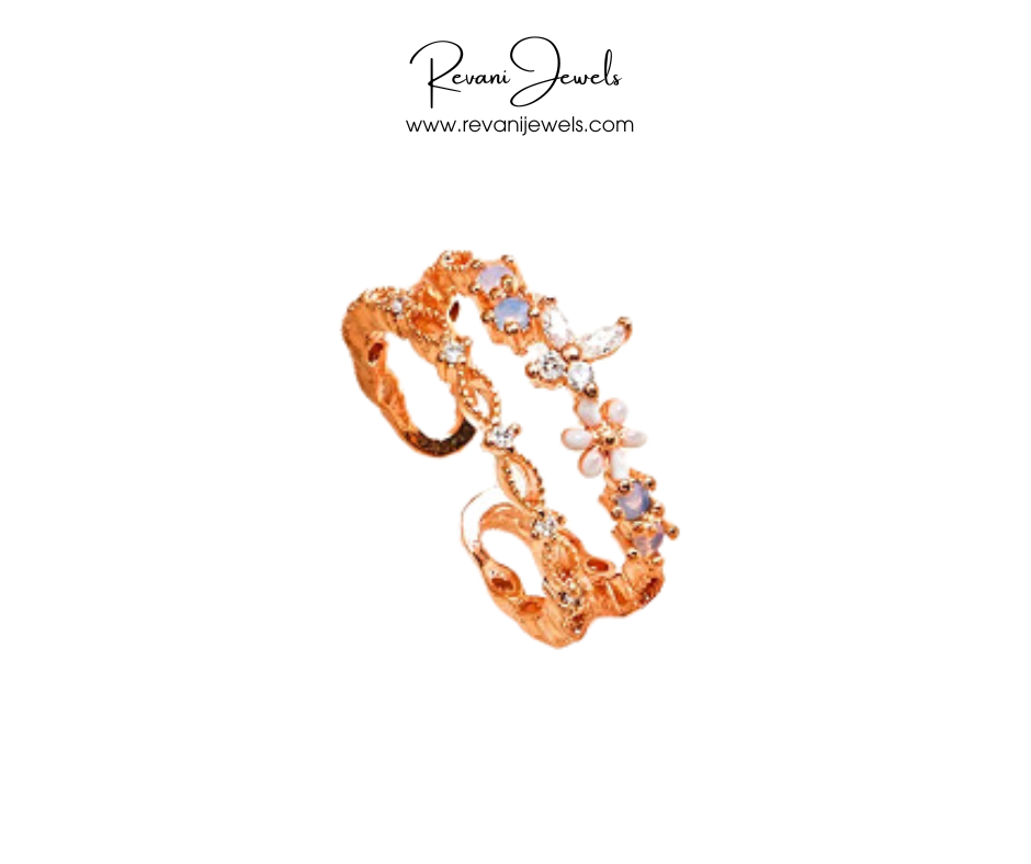 Rose gold ring with gemstones on a white background, branded as Revani Jewels.