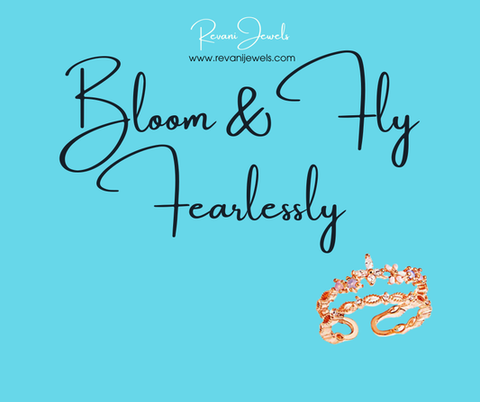 Rose gold ring on a blue background with 'Revani Jewels' branding and text.