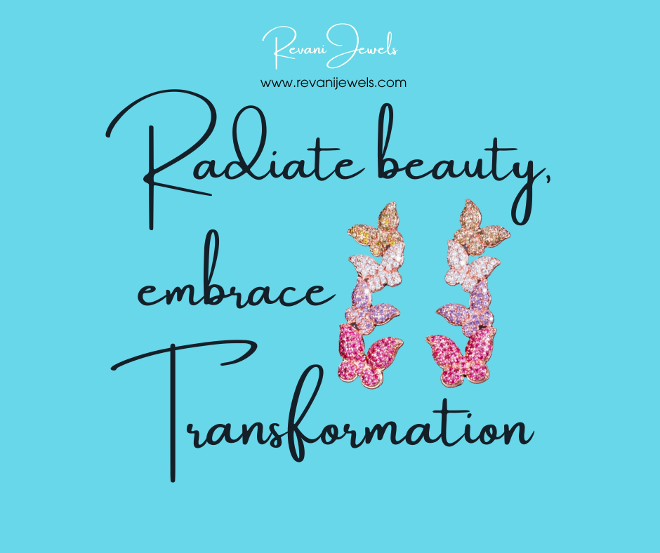 Jewelry advertisement with pink butterfly earrings on a blue background, featuring text 'Radiate beauty, embrace transformation' and brand name 'Revani Jewels'.