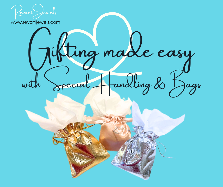 Three jewelry bags in gold, silver, and white on a blue background with text about gifting solutions.