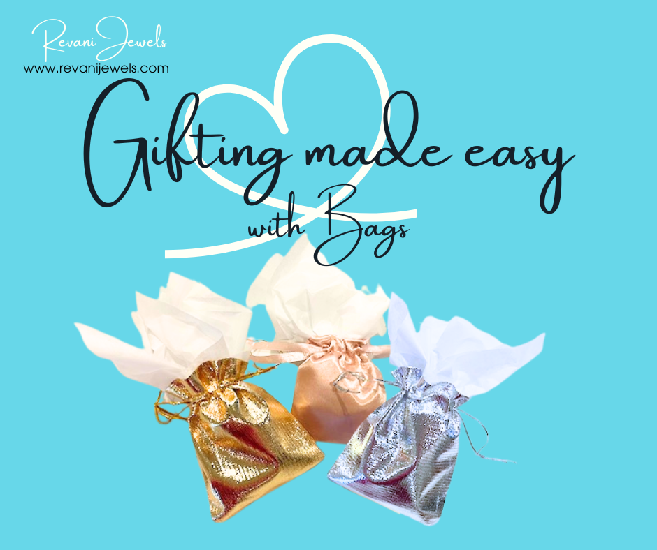 Three gift bags in gold, silver, and white on a blue background with text 'Gifting made easy with Bags' and 'revanijewels.com'.