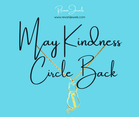 Gold necklace with a pendant on a blue background with text 'May Kindness Circle Back' and brand name 'Revani Jewels'.