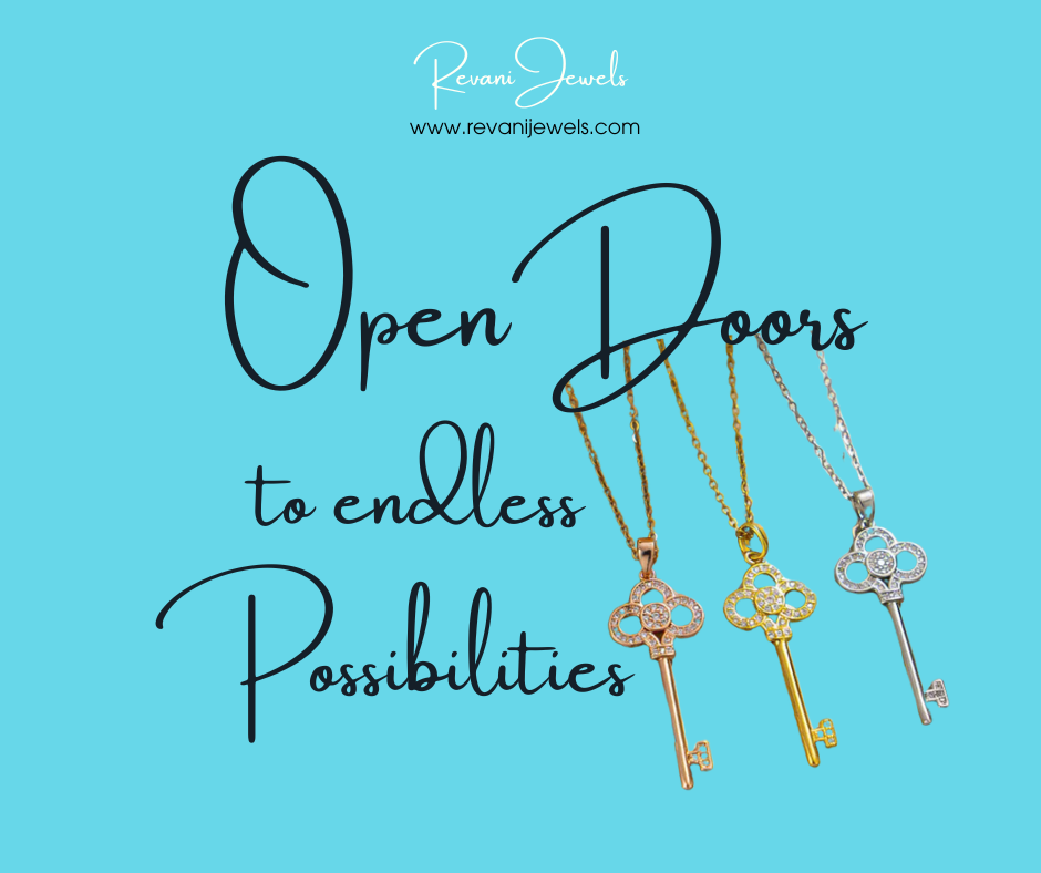 Three key pendants on chains with motivational text on a blue background, featuring Revani Jewels branding.