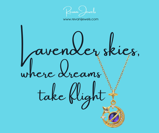 Gold necklace with purple pendant on a blue background with text 'Lavender skies, where dreams take flight' and 'Revani Jewels' branding.
