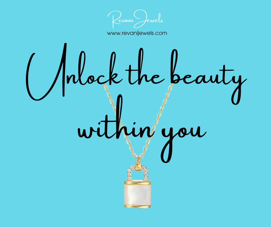 Gold necklace with a pendant on a blue background with text 'Unlock the beauty within you' and brand name 'Revani Jewels'.