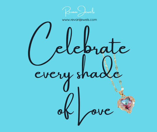Jewelry advertisement with heart-shaped pendant on a blue background, featuring Revani Jewels branding.