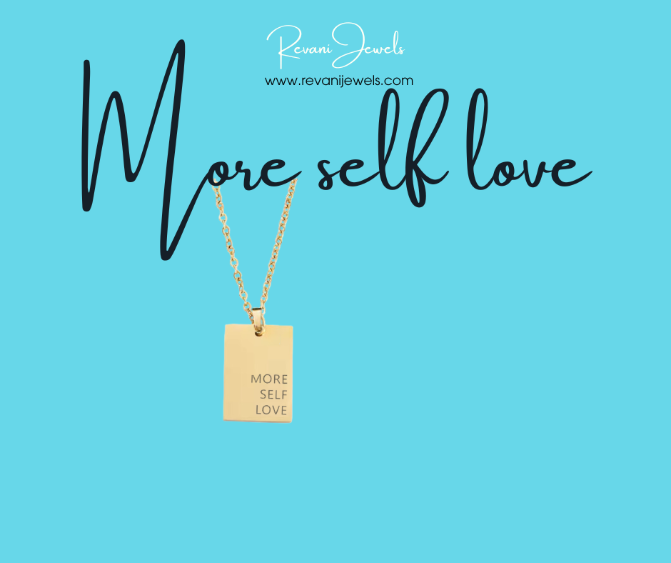 Gold necklace with 'More Self Love' pendant on a blue background, featuring Revani Jewels branding.