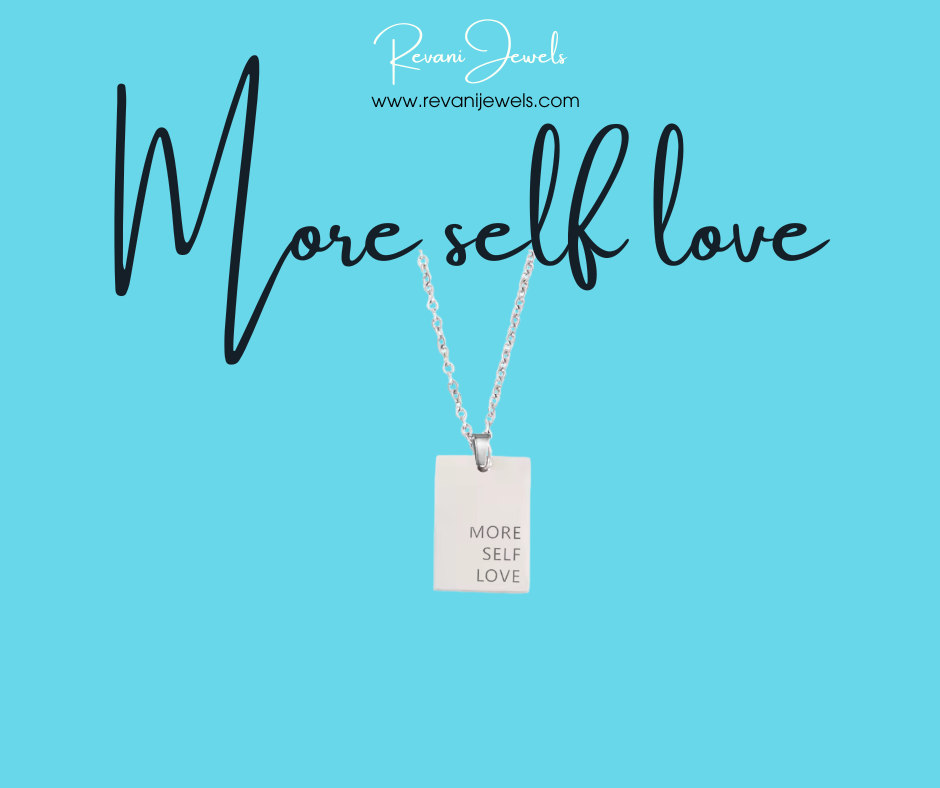 Necklace with a pendant labeled 'More Self Love' on a blue background with Revani Jewels branding.