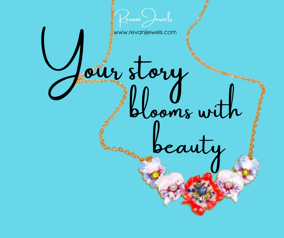 Necklace with floral pendants on a blue background with text 'Your story blooms with beauty' and brand name 'Revanj Jewels'.